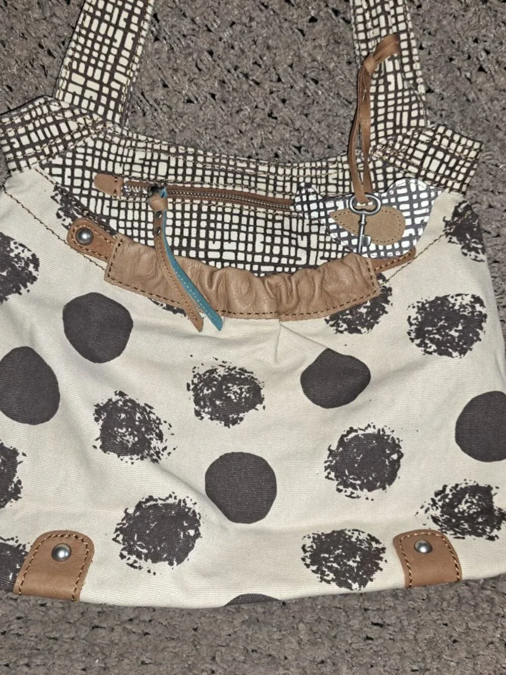 FOSSIL-Canvas/Leather Hobo Bag-Cream/Brown-2 Bag Charms-New/No Tags